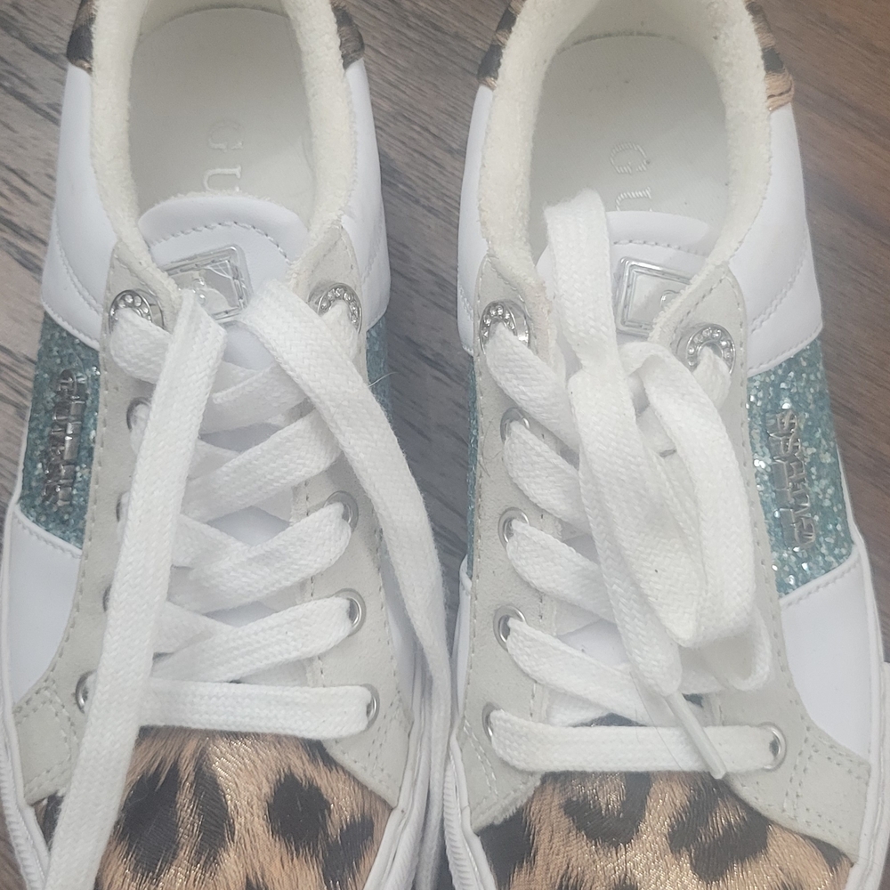 Guess White and Leopard Sneakers with Blue Accents